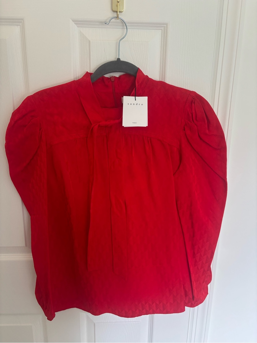 Sandro Red High-Neck Puff-Sleeve Blouse